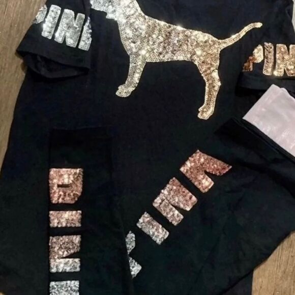 VS PINK OMBRÉ BLING DOGGY TSHIRT / YOGA LEGGINGS OUTFIT SET M - Picture 3 of 11